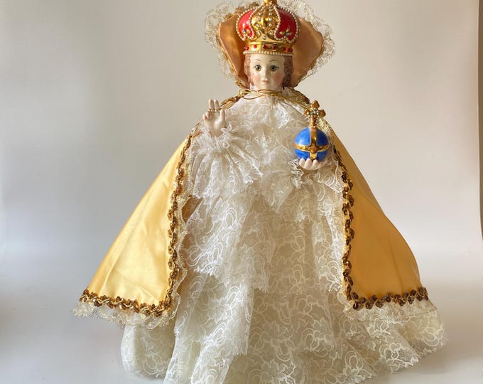 17" Tall Infant Jesus Child of Prague Ceramic Figurine with glass eyes, Vestments and Gorgeous Pearl & Jeweled Crown Accents