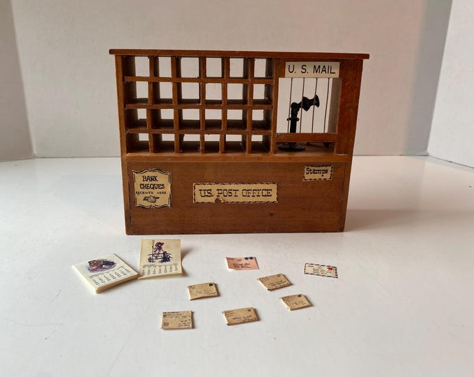 Vintage 1:12 scale Dollhouse Wooden U.S. Post Office Desk with antique phone, mail slots, old calendar and 7  letters