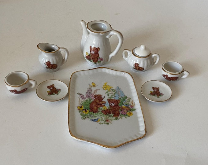 8 Piece Teddy Bear Mini Porcelain tea set - Tray, Teapot, Sugar, Creame,r 2 cups, 2 Saucers by from Japan
