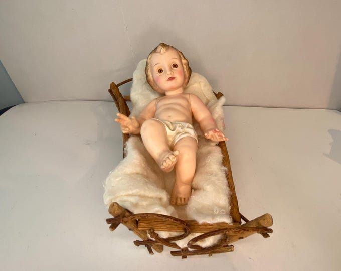 Vintage 8" Rubber Baby Nino Jesus with Glass Eyes and moveable arms with wooden Manger for Nativity or special Display