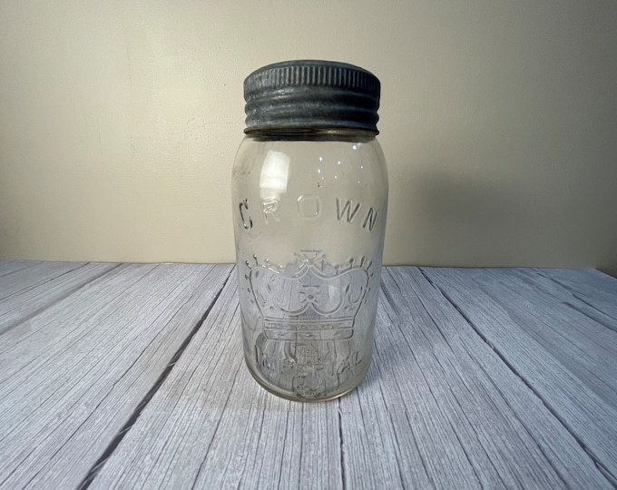 Vintage Crown clear Imperial quart size (32 ounces) mason jar with original glass lid and top