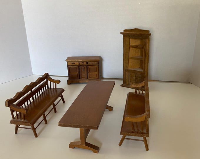 Vintage 5 Piece Dollhouse 1:12 scale wooden Dining Room Furniture Set- Long Table, 2 Bench seating, buffet and corner cabinet