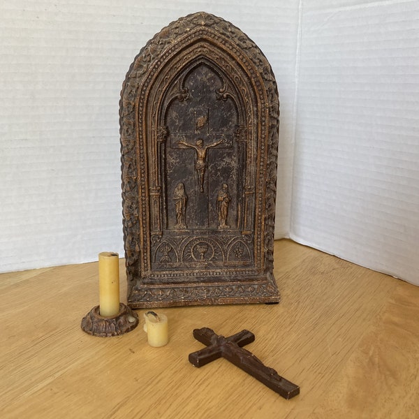 Rare Gothic Sick Call - Last Rites Hand Carved wooden Catholic Religious Travel Kit with candles, candle holder and crucifix