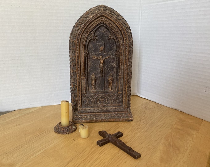 Rare Gothic Sick Call - Last Rites Hand Carved wooden Catholic Religious Travel Kit with candles, candle holder and crucifix