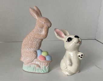 Set of 2 Vintage ceramic Easter Rabbit w/ Colored Easter Eggs in Basket and White Ceramic Bunny Figurine