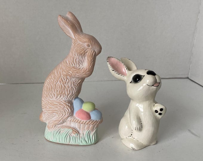 Set of 2 Vintage ceramic Easter Rabbit w/ Colored Easter Eggs in Basket and White Ceramic Bunny Figurine