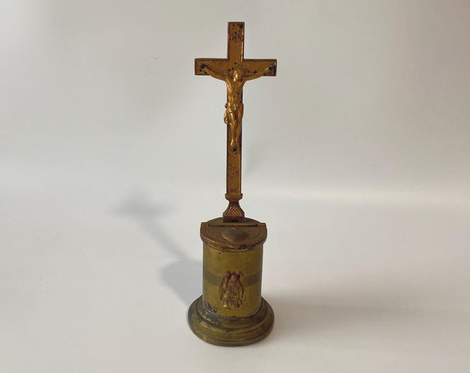 Very Rare 9.5" Tall Vintage Brass Plated Table Crucifix hinged Lidded Font for Holy Water with kneeling angel figurine below