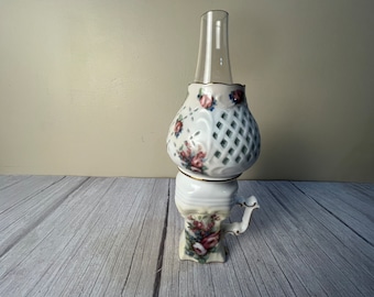 Vintage small floral white milk glass finger oil Lamp with diamond cut shade chimney and wick