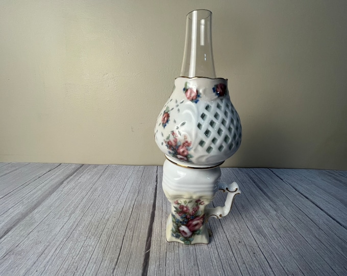 Vintage small floral white milk glass finger oil Lamp with diamond cut shade chimney and wick