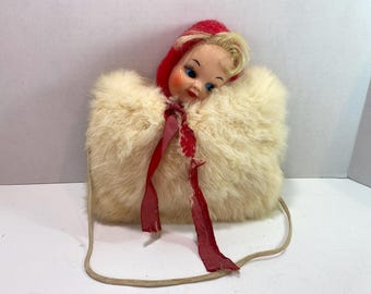 1950s-60s Rubber doll  Face Little Girls Fur  Hand Muff