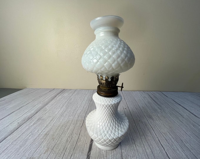 Vintage milk glass diamond cut oil lamp with chimney and wick