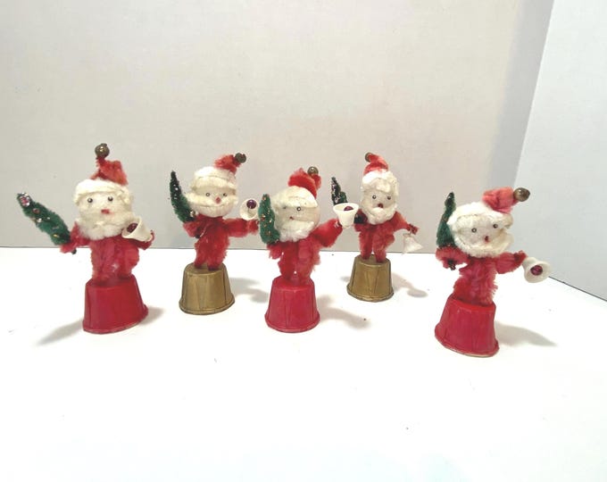 Set of 5 Vintage Chenille Santas Holding Christmas Trees and Bells