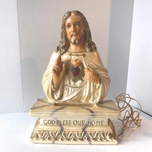 Large Rare 1950s-60s Chalkware Sacred Heart of Jesus Lighted Shrine made by the Pacini Novelty Co. of Detroit with saying God Bless Our Home