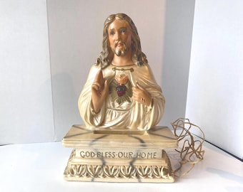 Large Rare 1950s-60s Chalkware Sacred Heart of Jesus Lighted Shrine made by the Pacini Novelty Co. of Detroit with saying God Bless Our Home
