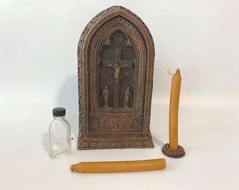 Gothic Sick Call - Last Rites Hand Carved wooden Catholic Religious Travel Kit with candles, candle holder and Holy Water Bottle
