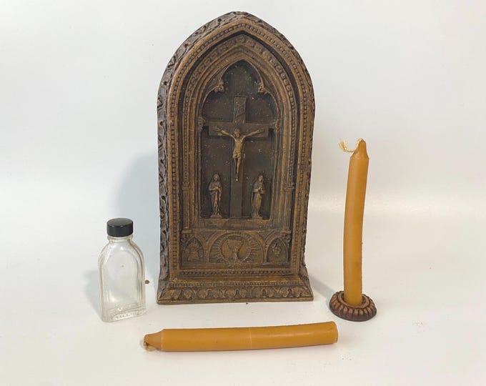 Gothic Sick Call - Last Rites Hand Carved wooden Catholic Religious Travel Kit with candles, candle holder and Holy Water Bottle