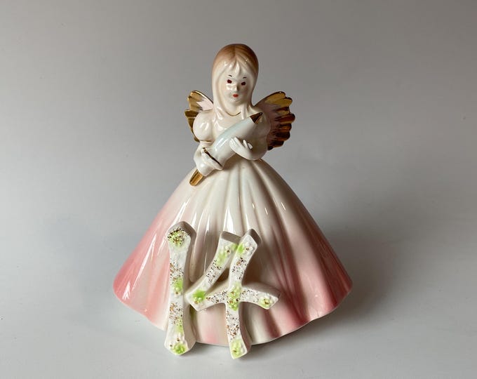 Vintage Sweet  Josef Originals 12th Birthday Brunette Hair Porcelain Ceramic Angel Figurine with Original Foil Sticker
