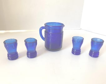 5 Piece Mosser Cobalt Blue Cameo Pattern Depression Glass Mini Pitcher with 4 Tumblers