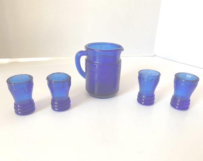 5 Piece Mosser Cobalt Blue Cameo Pattern Depression Glass Mini Pitcher with 4 Tumblers