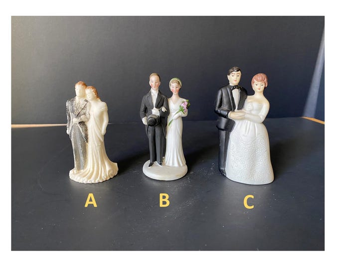 Choice of Vintage  Bride and Groom Wedding Cake Toppers --One is a Sugar Bride and Groom (A) one is from Germany (B) & C are Ceramic Bisque