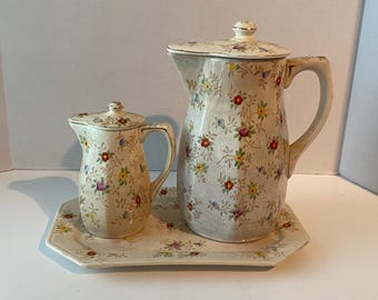 Hard to find!  1930s Double Diamond  TT Takito  Porcelain Ceramic Coffee, Tea, or Creamer Set of 2 Pitchers with lids on Matching Tray