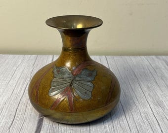 Solid brass and enamel butterfly vase/ squat pot made in India