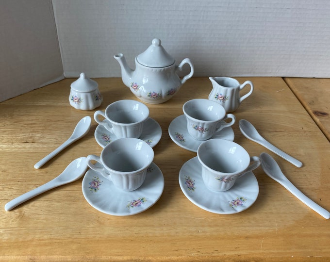 17 Piece set White and pink floral Porcelain small doll tea service set for 4 including spoons and tray