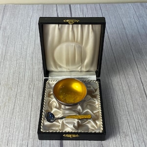 Vintage Meka Danish Sterling Silver Salt Cellar and Matching Spoon set with Gold Enamel Patterned Interior and black fitted case included