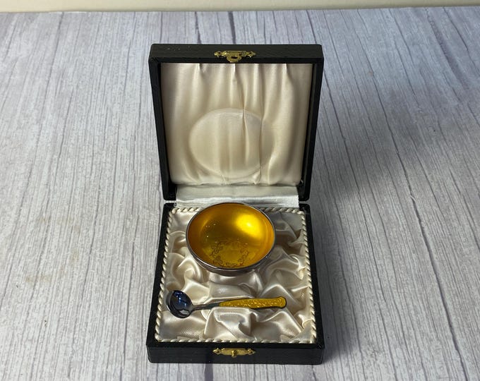 Vintage Meka Danish Sterling Silver Salt Cellar and Matching Spoon set with Gold Enamel Patterned Interior and black fitted case included