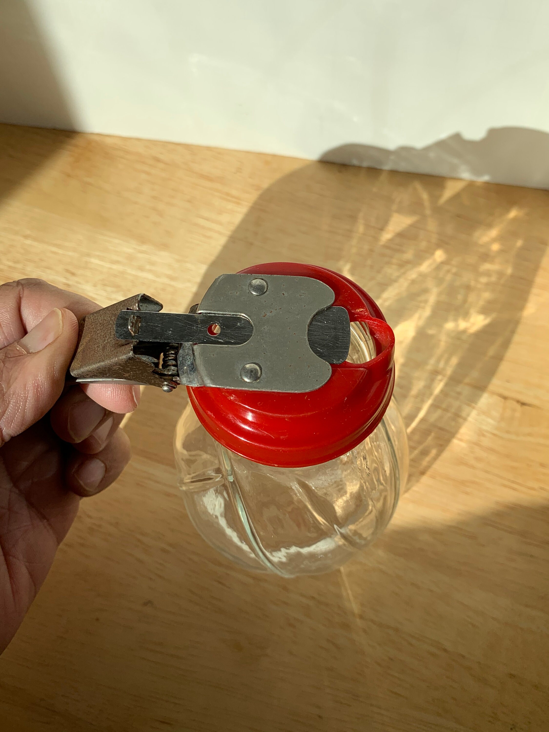 Vintage red top glass syrup dispenser