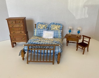 Vintage 15 Piece Dollhouse 1:12 scale Wood Bedroom set including Bed with Blue Bedding, High Boy Chest and other Accessories