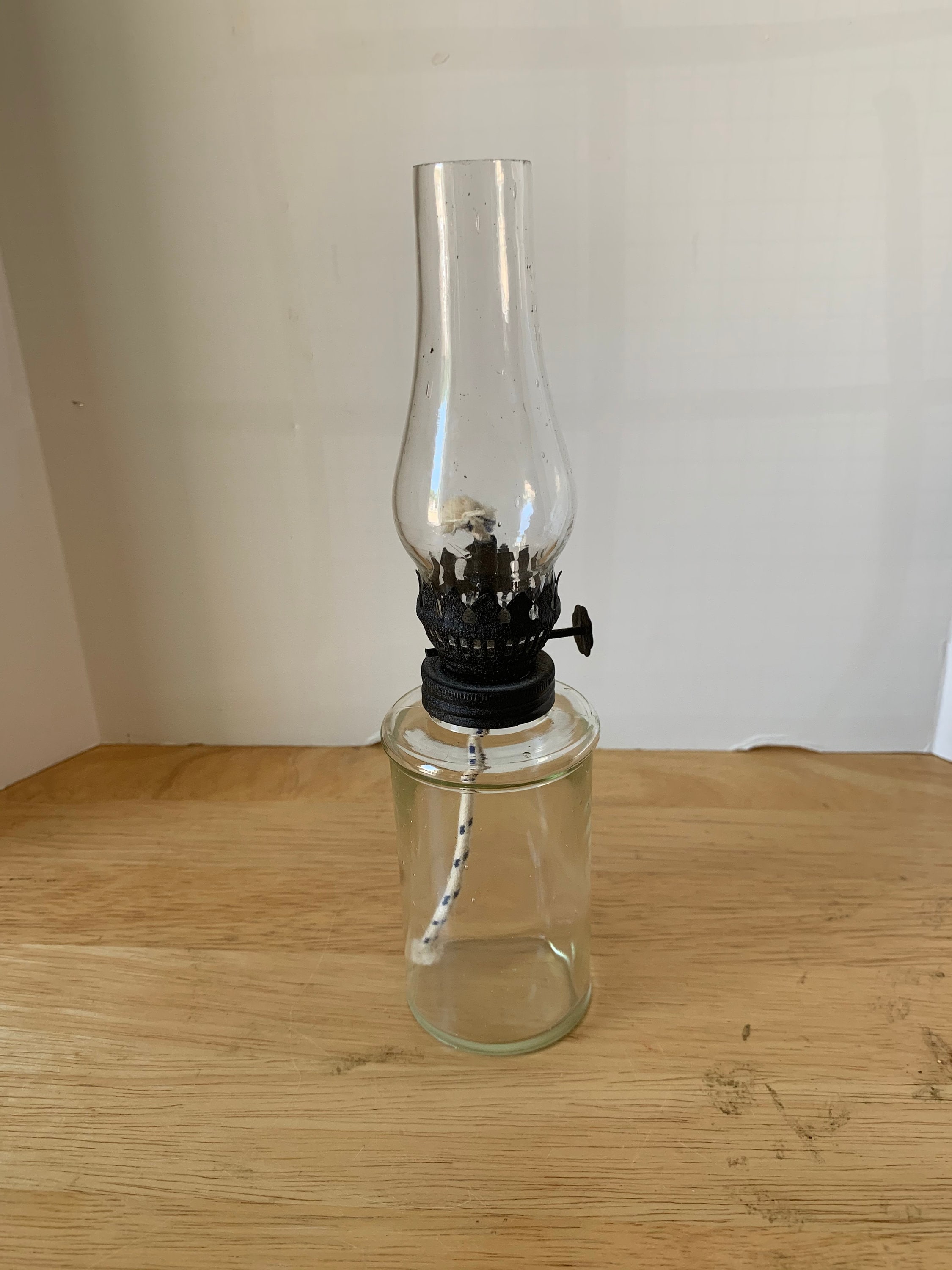 miniature vintage cylinder glass oil lamp chimney and wick