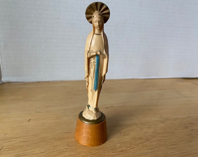 Our Lady of Fatima vintage Plastic Statue on Wooden Base