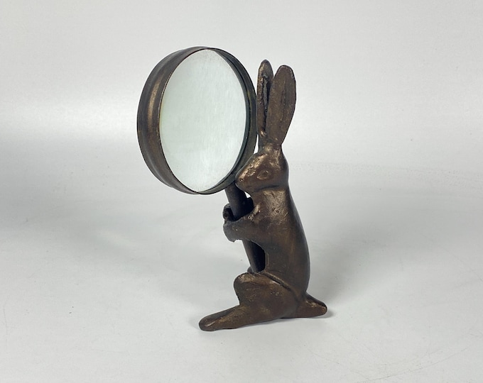 Vintage 6"  Caste Metal Bunny holding removable Magnifying Glass