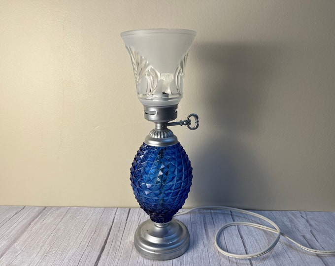 Blue diamond partial frosted etched shade crystal electric tabletop lamp from Czech Republic