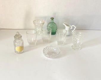 9 Piece Vintage Miniature Glasses, Bottle Apothacary jars, bowl, vase kitchen playset