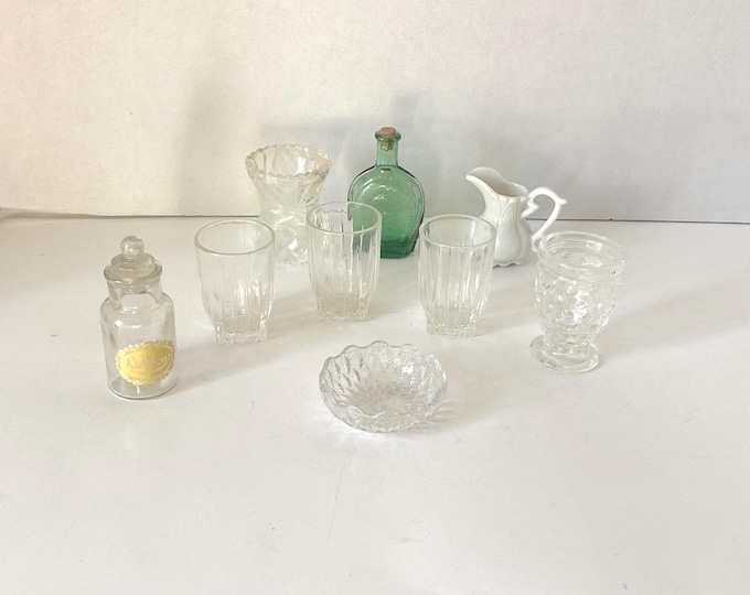 9 Piece Vintage Miniature Glasses, Bottle Apothacary jars, bowl, vase kitchen playset