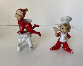 Choice of Rare Vintage Ceramic Pixie Elf on Chair in whimsy pose with Spaghetti Hair or Chef Elf with Plate from Japan Christmas Elf Pixie