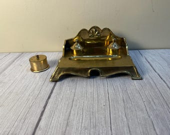 Vintage Double Brass Lidded Inkwell and stamp roll holder