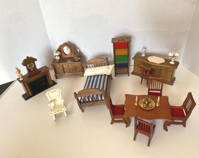Vintage 28 Piece Dollhouse 1:12 scale Wooden set including Bed, dresser, fireplace dining table chairs, desk, bookcase and other Accessories
