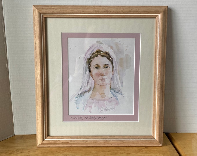Madonna Water Color Painting of Our Lady of Medjugorje, Queen of Peace matted and framed 1990