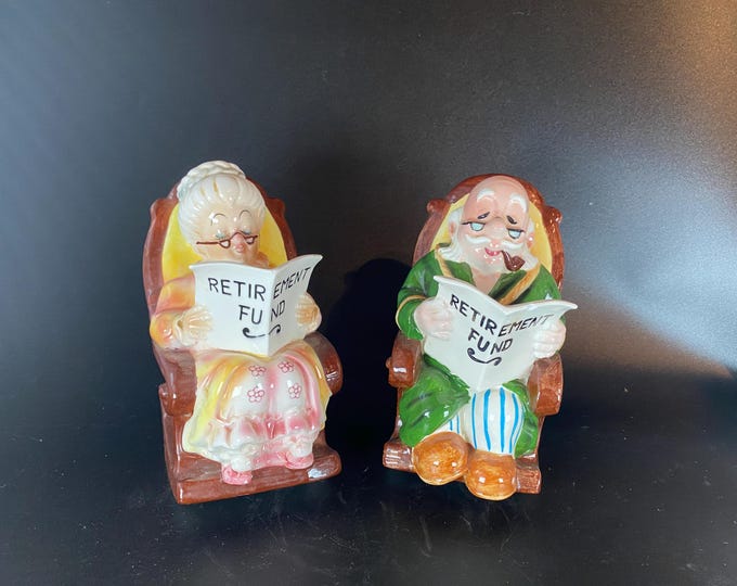 Set of 2 Vintage Lefton Porcelain Ceramic Grandma or Grandpa Retirement Fund Bank