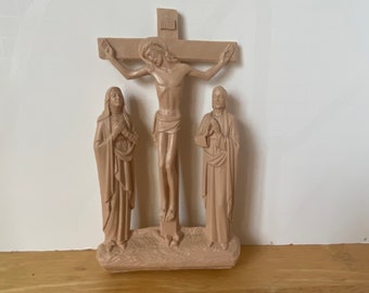 Vintage MCM Plastic Crucifix with Jesus, Mary and John the Apostle