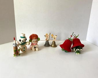 Set of 7 Vintage MCM Flocked Plastic Christmas Ornaments - Flocked Bell with Holly, Flocked Snowmen/Candle, Cherub Angels on Bells