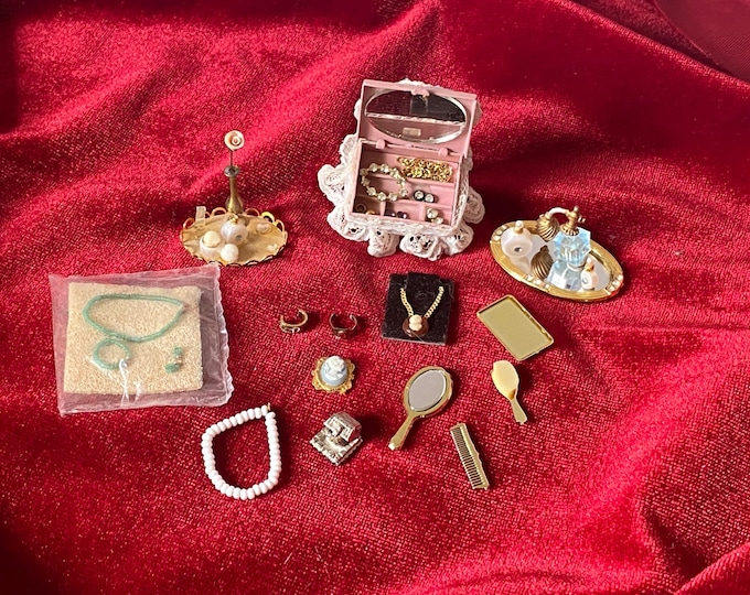 Vintage 17 Piece Set of Dollhouse Miniature Jewelry Box, Jewelry, Perfume Bottles, Vanity Trays, Mirror, Comb, Brush