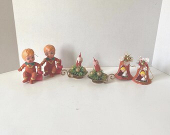 Choice of Vintage MCM Flocked Plastic Christmas Ornaments - Boy on Log with Candle, Christmas Candle and Angel in Bell