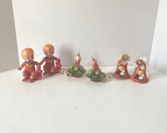 Choice of Vintage MCM Flocked Plastic Christmas Ornaments - Boy on Log with Candle, Christmas Candle and Angel in Bell