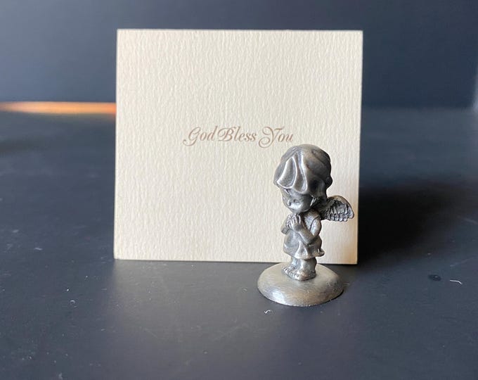1975 Hallmark Fine Pewter Miniature Angel Figurine with original tag that says, GOD BLESS YOU - Little Gallery Collection Betsey Clark