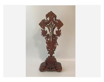 19" Antique Wooden Carved Standing Altar Crucifix Silver w/ Ladder and 2 Spears in Background and Gold tone Skull & bones (Golgotha)