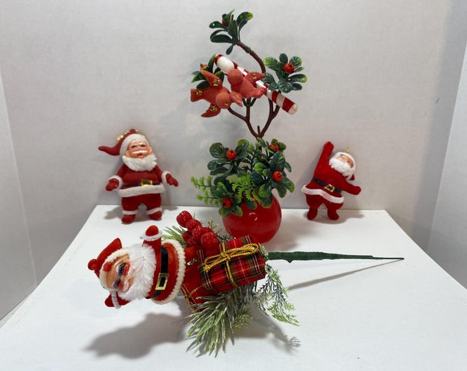 Set of 4 Flocked Christmas Decor - Santas Ornaments, Pick and MCM Tabletop decor